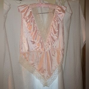 Lily of France Blush Pink Satin Ruffled Lace-Trim Teddy